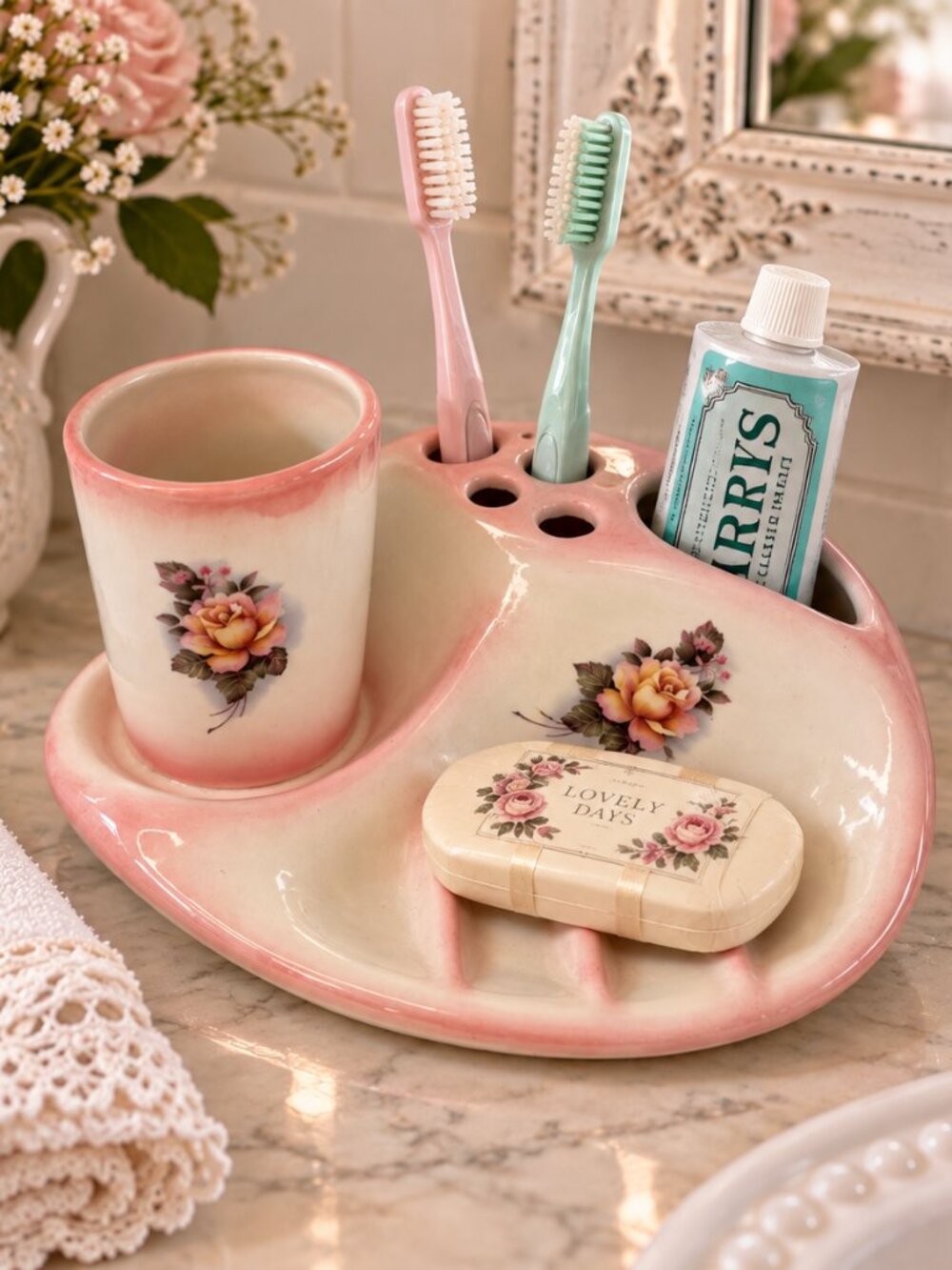 Vintage Pink Rose Ceramic Bathroom Vanity Organizer Toothbrush Soap Holde